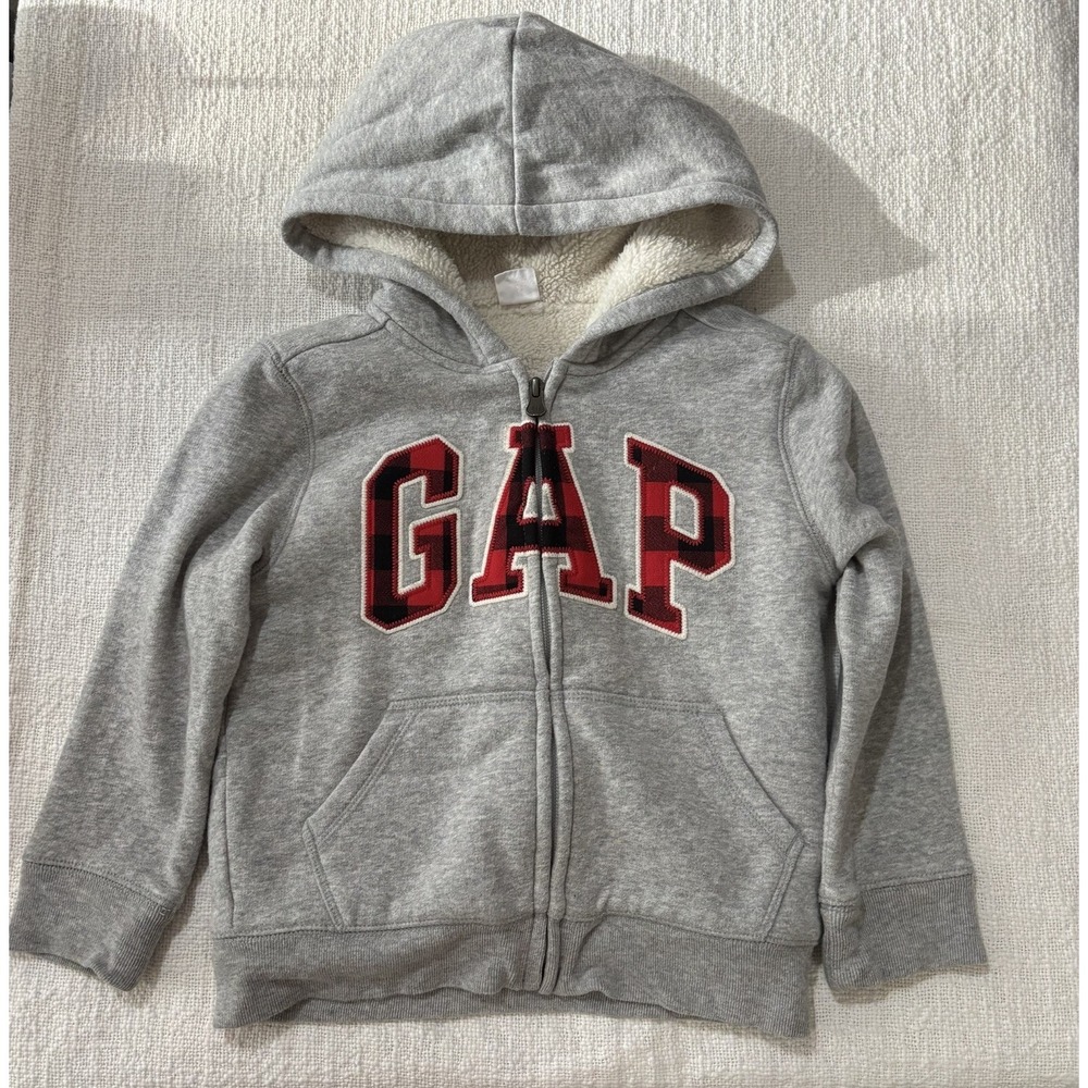 Baby Gap zip up Fleece Hoodie Jacket Gray 5 Years Buffalo Plaid Warm EUC